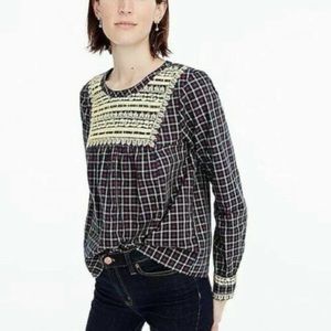 J. Crew Holiday Plaid Embroidered Peasant Top